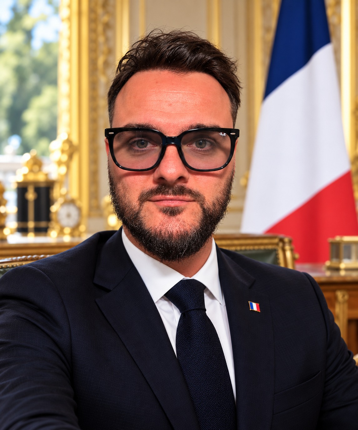 Benass en costume, drapeau français en arrière-plan